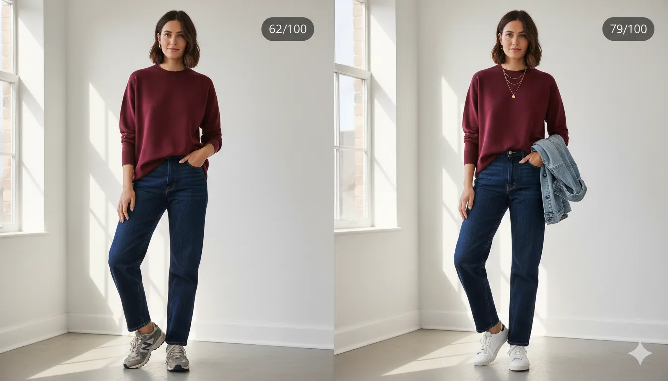 Before and after outfit transformation: same burgundy sweater and dark jeans goes from score 62 to 79 with French tuck, gold necklace, clean sneakers and denim jacket