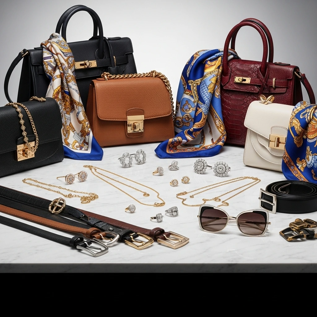 Collection of stylish accessories including jewelry, bags, and scarves laid out neatly
