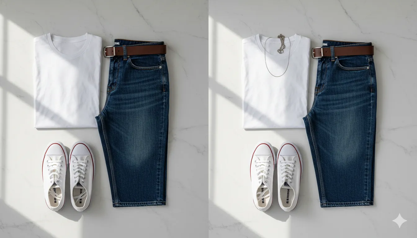 Flat lay comparing an outfit without accessories vs the same outfit with a chain, belt and clean sneakers