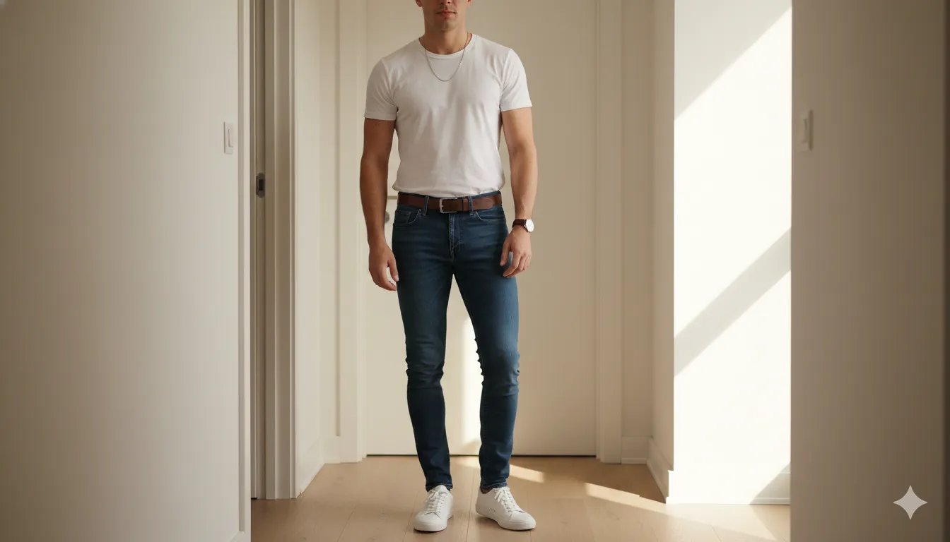 Young man wearing a white t-shirt, dark jeans, white sneakers, silver chain, watch and leather belt — a fully accessorised casual outfit