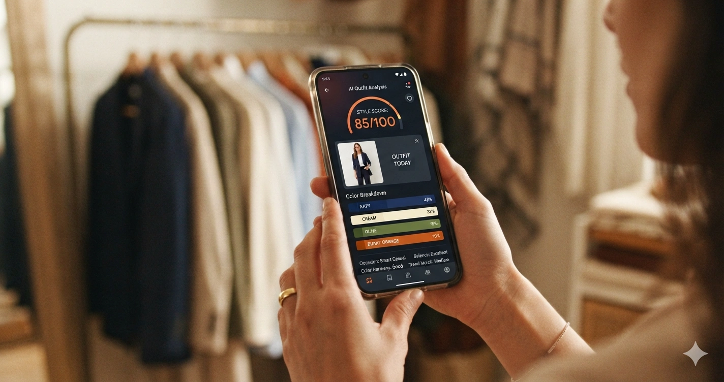Smartphone showing an AI outfit analysis with a score and improvement suggestions