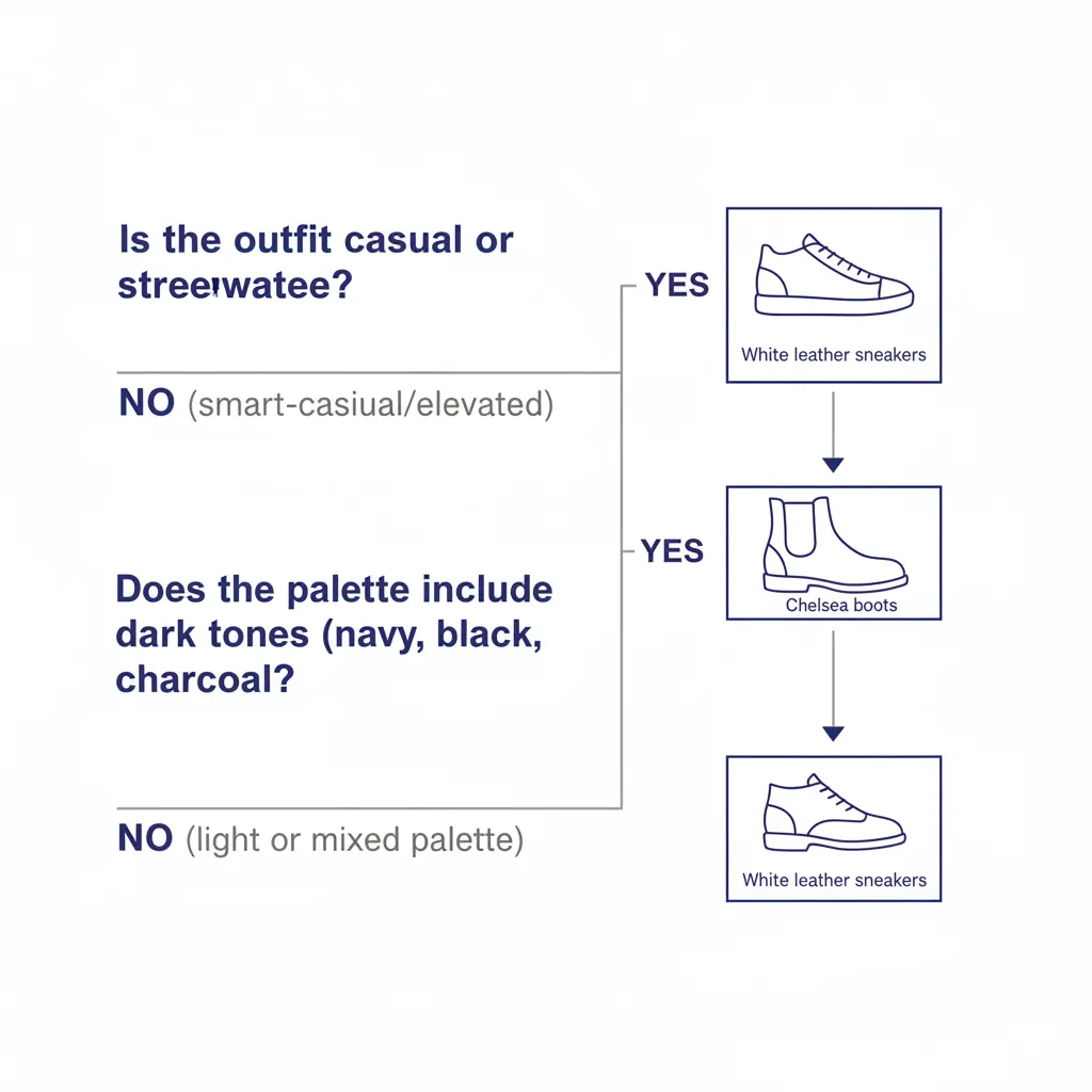 Decision flowchart: choose white sneakers for casual outfits and light palettes, Chelsea boots for smart-casual and dark palettes