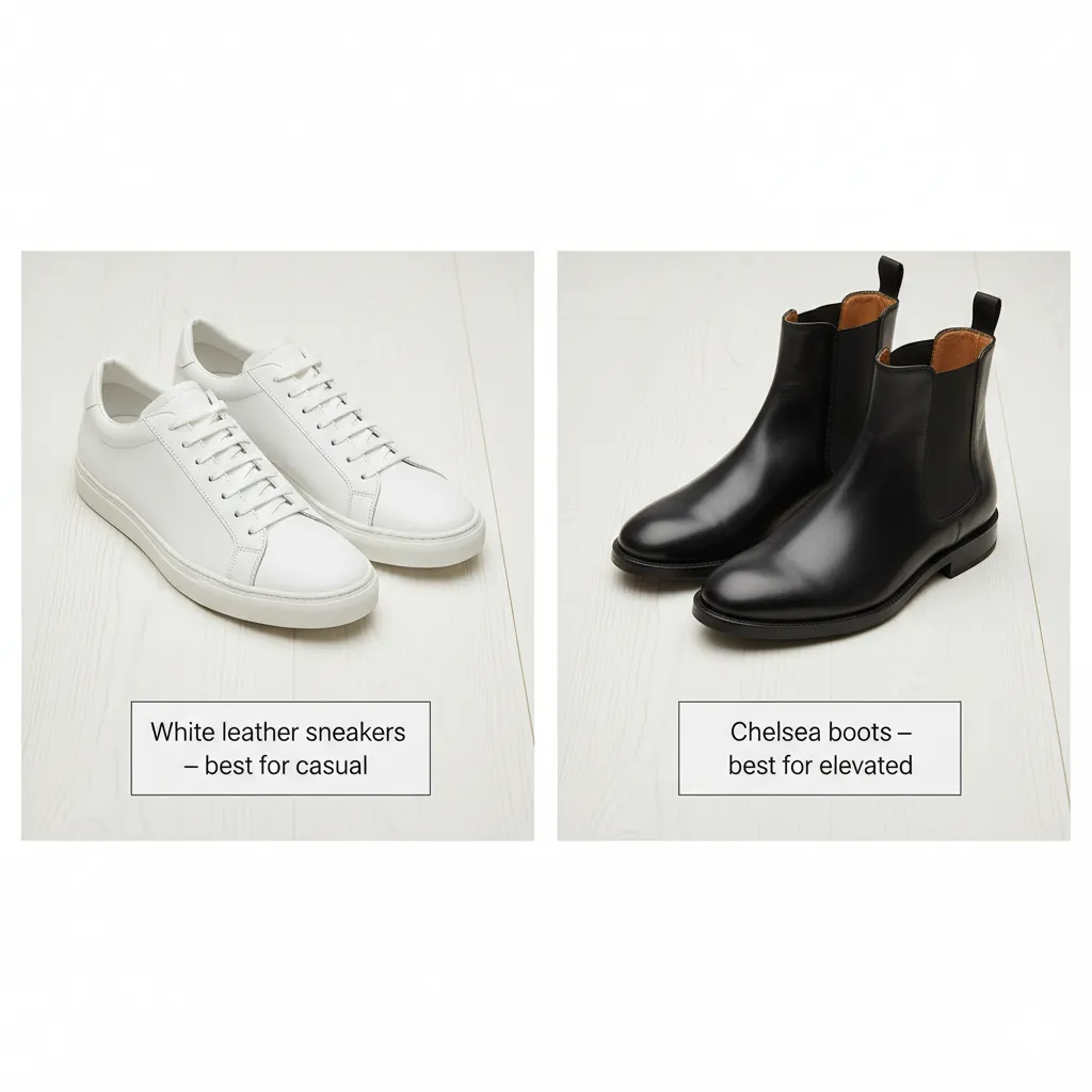 A split image showing sleek chelsea boots versus crisp white sneakers