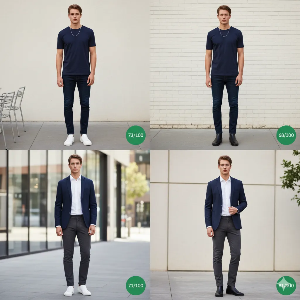 Four outfit pairings showing white sneakers winning on casual look (73 vs 68) and Chelsea boots winning on smart-casual look (81 vs 71)
