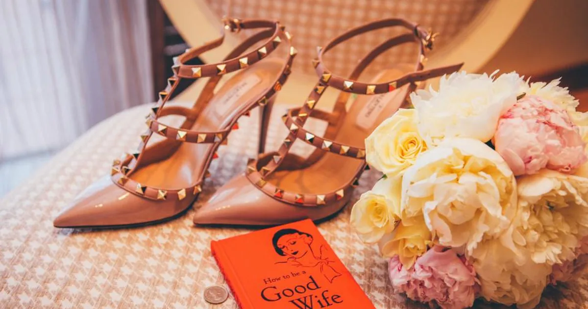 A pair of high-heeled shoes styled for a daytime celebration