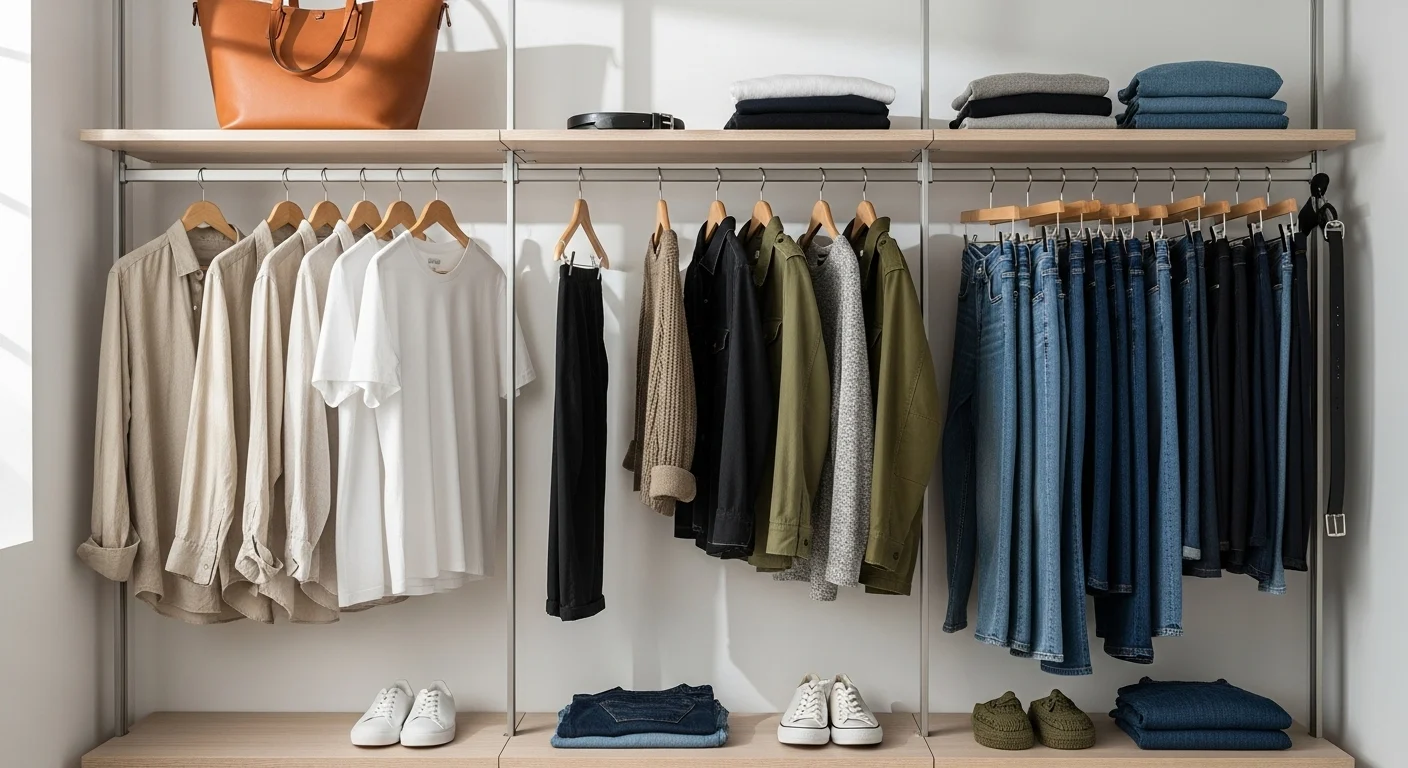 A beautifully organized minimalist open closet with a cohesive neutral color palette