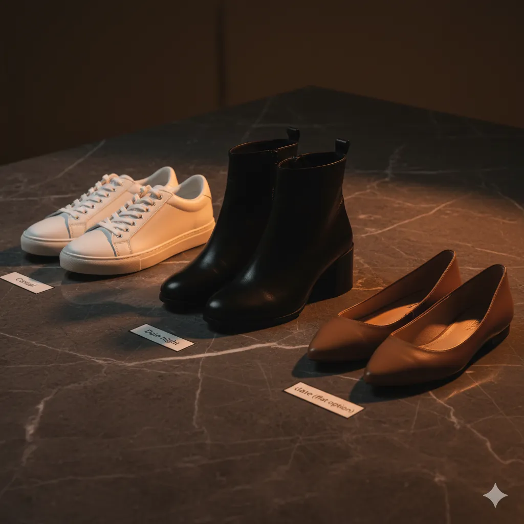 Three footwear options: white sneakers for casual, black block-heel boot and tan pointed flat for date night