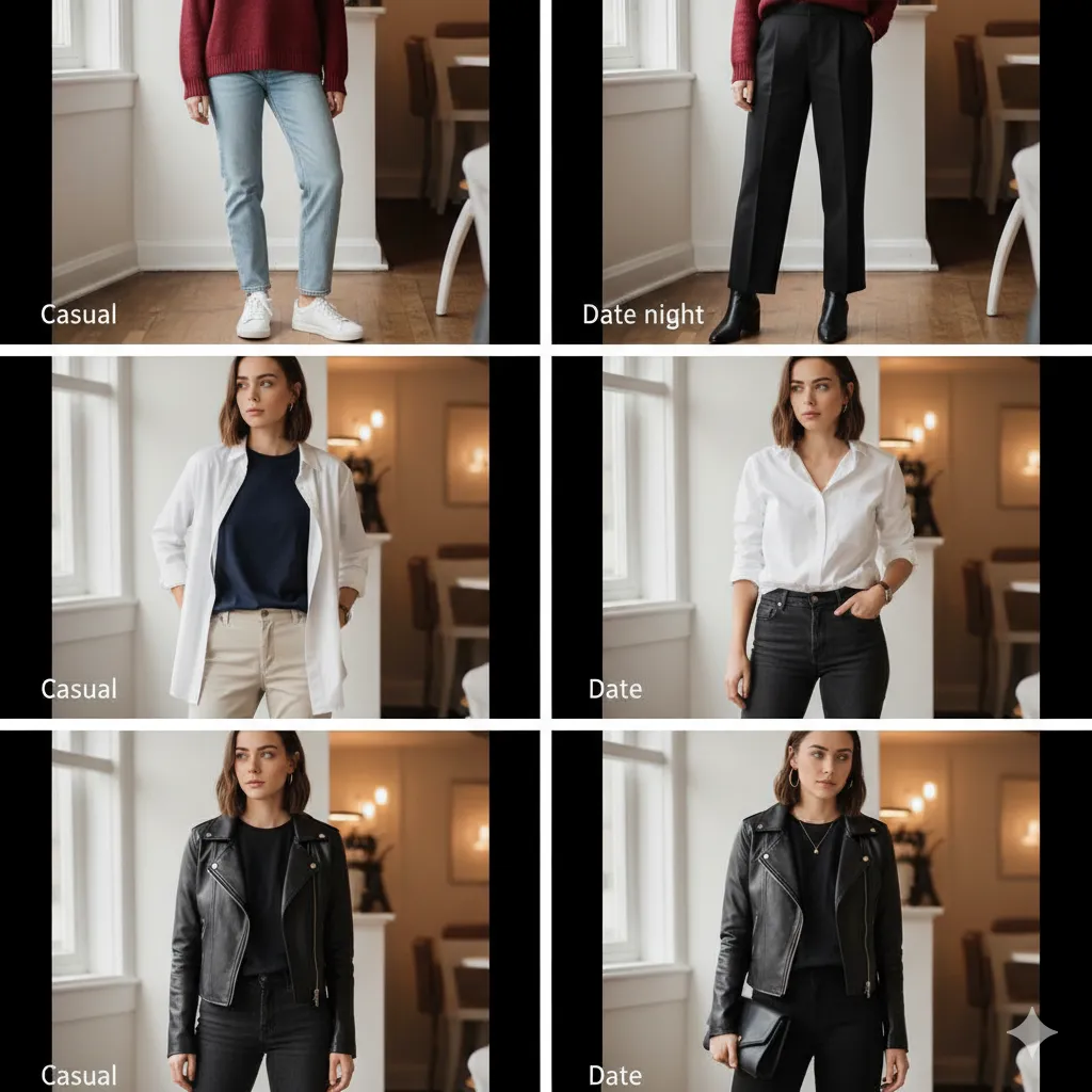 Three before-and-after outfit transitions from casual to date night showing footwear swap, trouser refinement and evening accessory additions