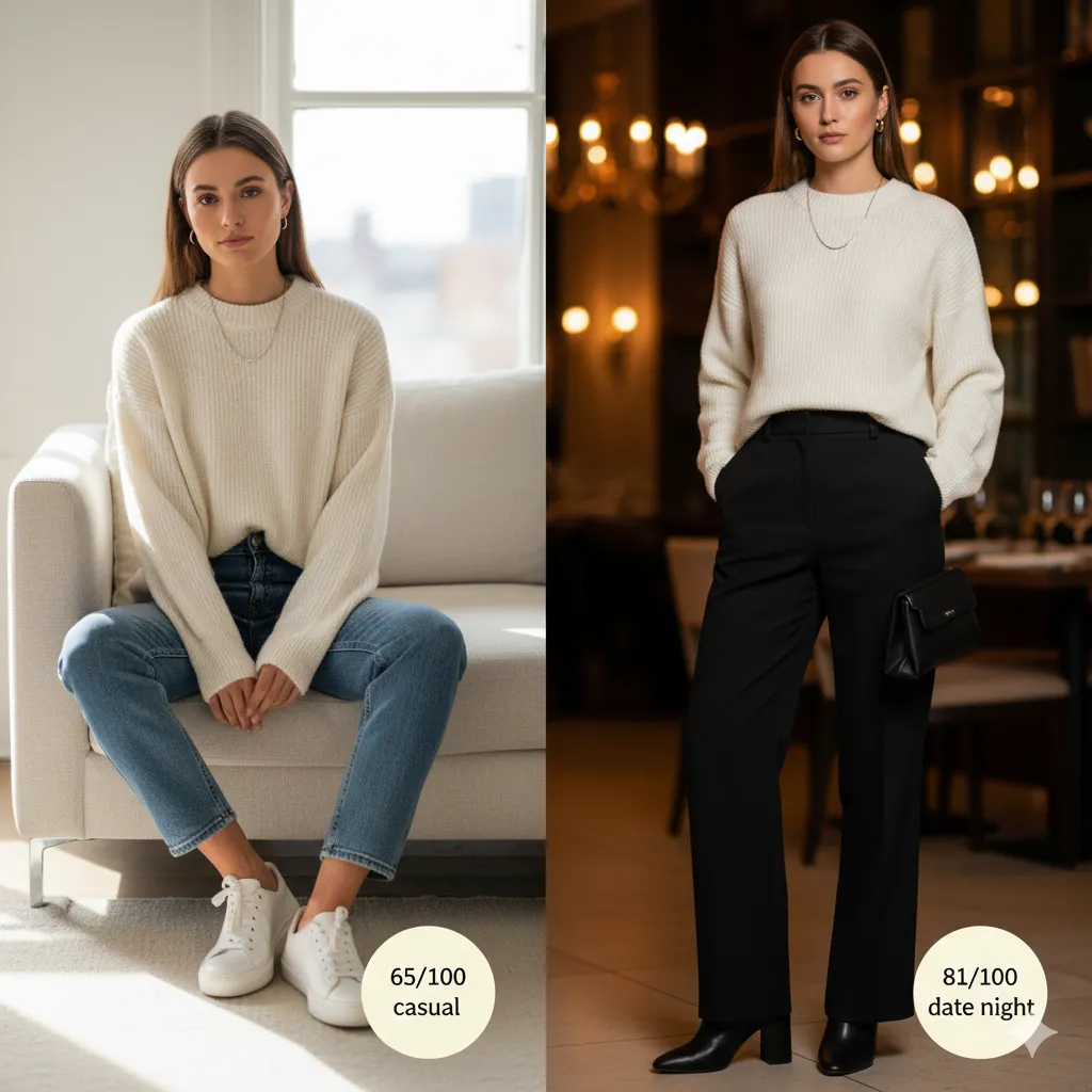 A transition from a day time casual look to an evening date night outfit