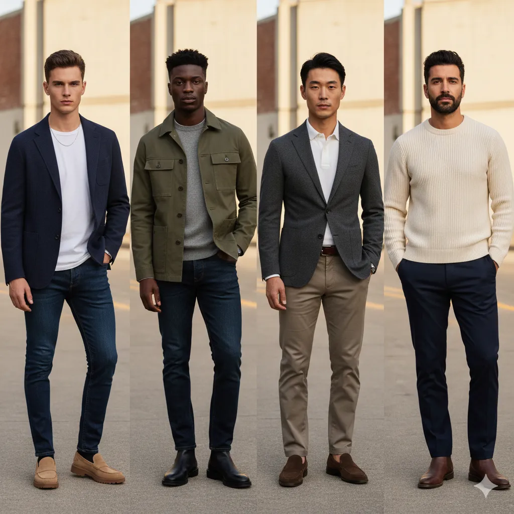 Four smart-casual transitions from the OutfitScore database: blazer over tee, chore coat over crewneck, blazer over polo, knitwear with tailored trousers