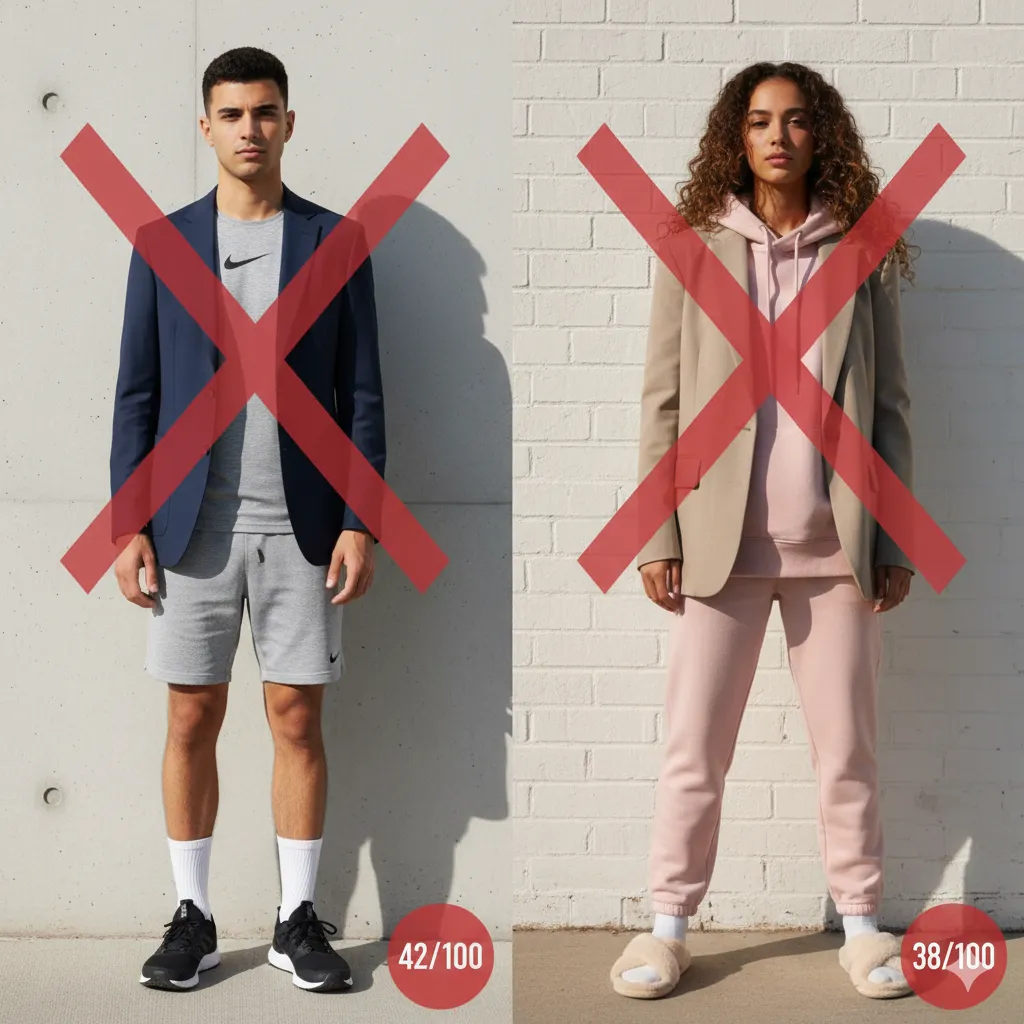 Two failed transitions: blazer over athletic shorts scores 42, blazer over loungewear set scores 38 — the formality gap is too wide