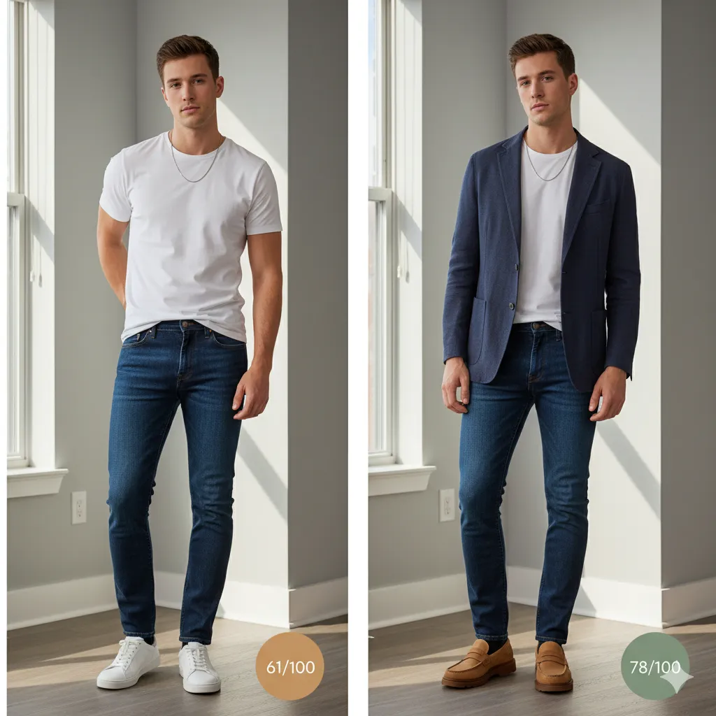 A casual outfit next to the same outfit upgraded with a blazer and loafers