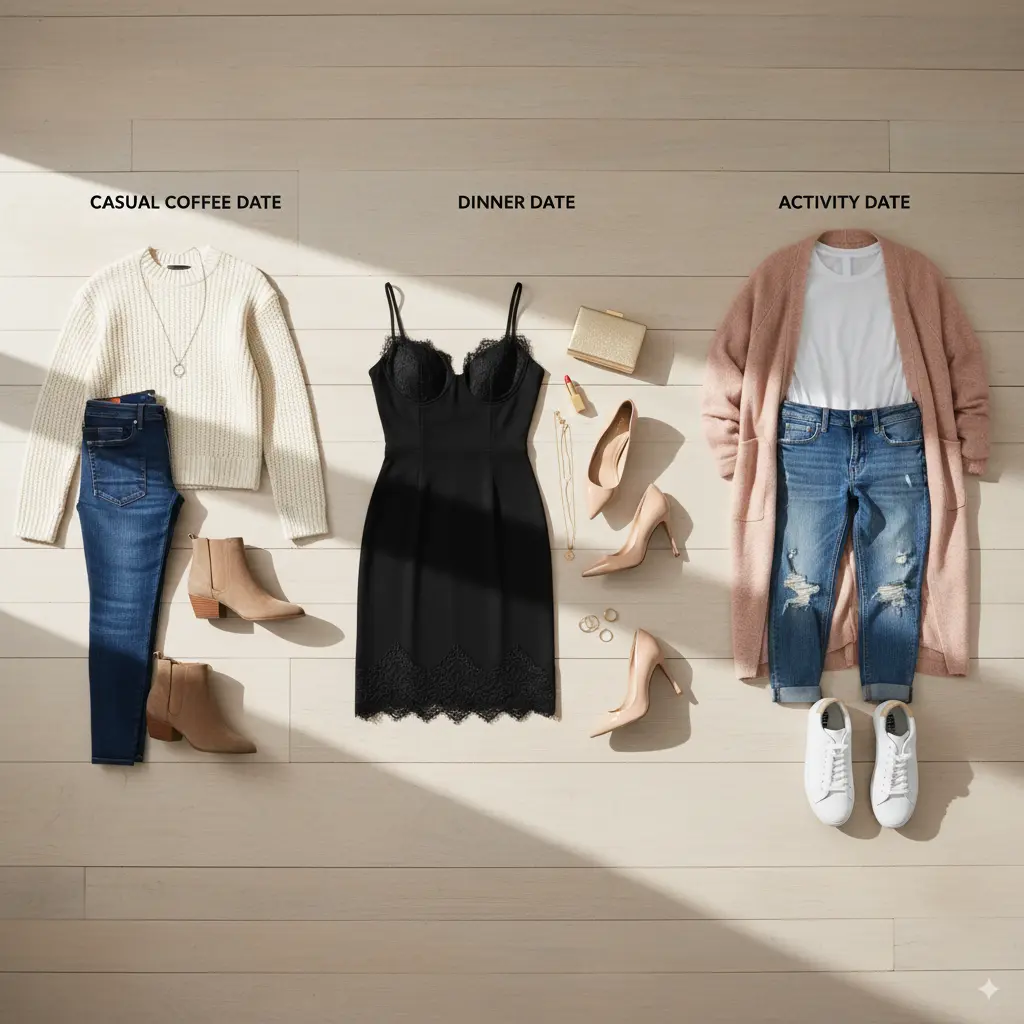 Elegant date night outfits laid out for different occasions