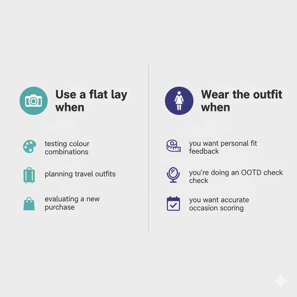 Decision guide showing when to use flat lay versus worn outfit format for AI outfit analysis