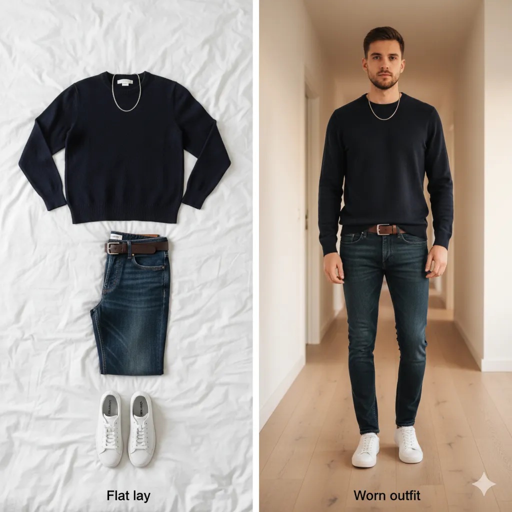 A comparison between clothes laid flat and actually worn on a person