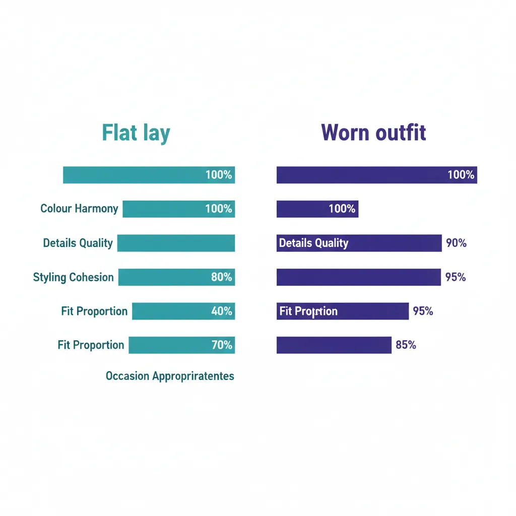 Bar chart comparing flat lay versus worn outfit sub-scores showing fit and proportion diverges significantly