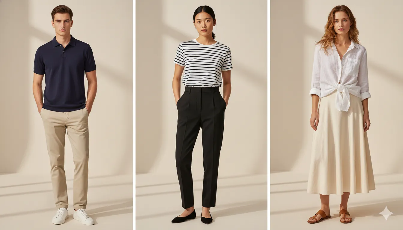 Three examples of the French tuck on different outfits: polo and chinos, striped tee and black trousers, linen shirt and midi skirt