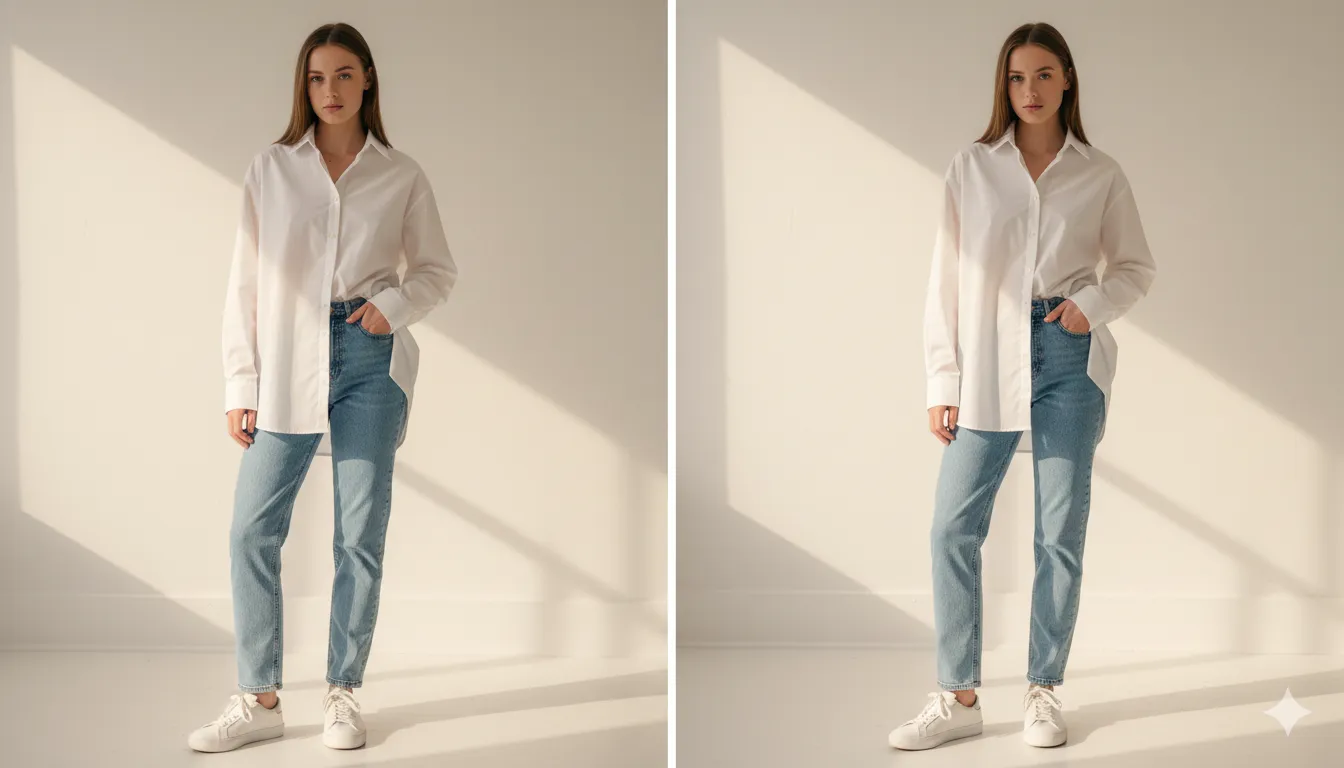 Before and after comparison: untucked shirt versus French tuck, showing how the tuck defines the waistline