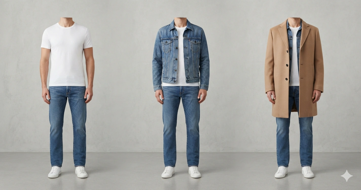 Three outfits showing base, mid, and outer layers in progression