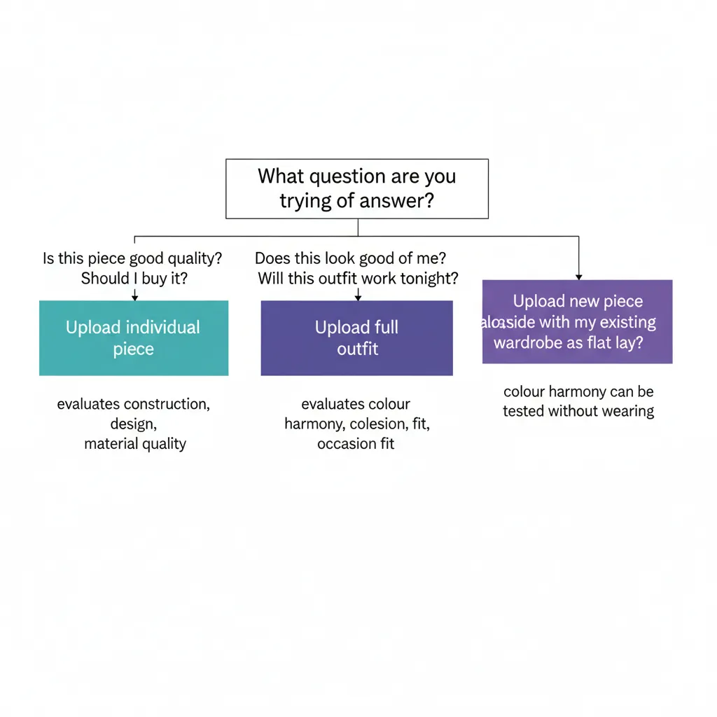 Decision guide: upload individual piece for quality assessment, full outfit for style and occasion feedback, flat lay for wardrobe compatibility