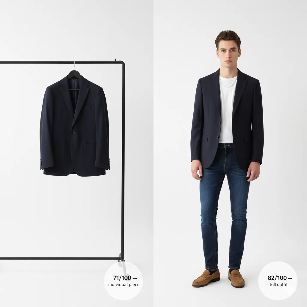 A single sweater piece compared to a fully styled outfit featuring the same sweater