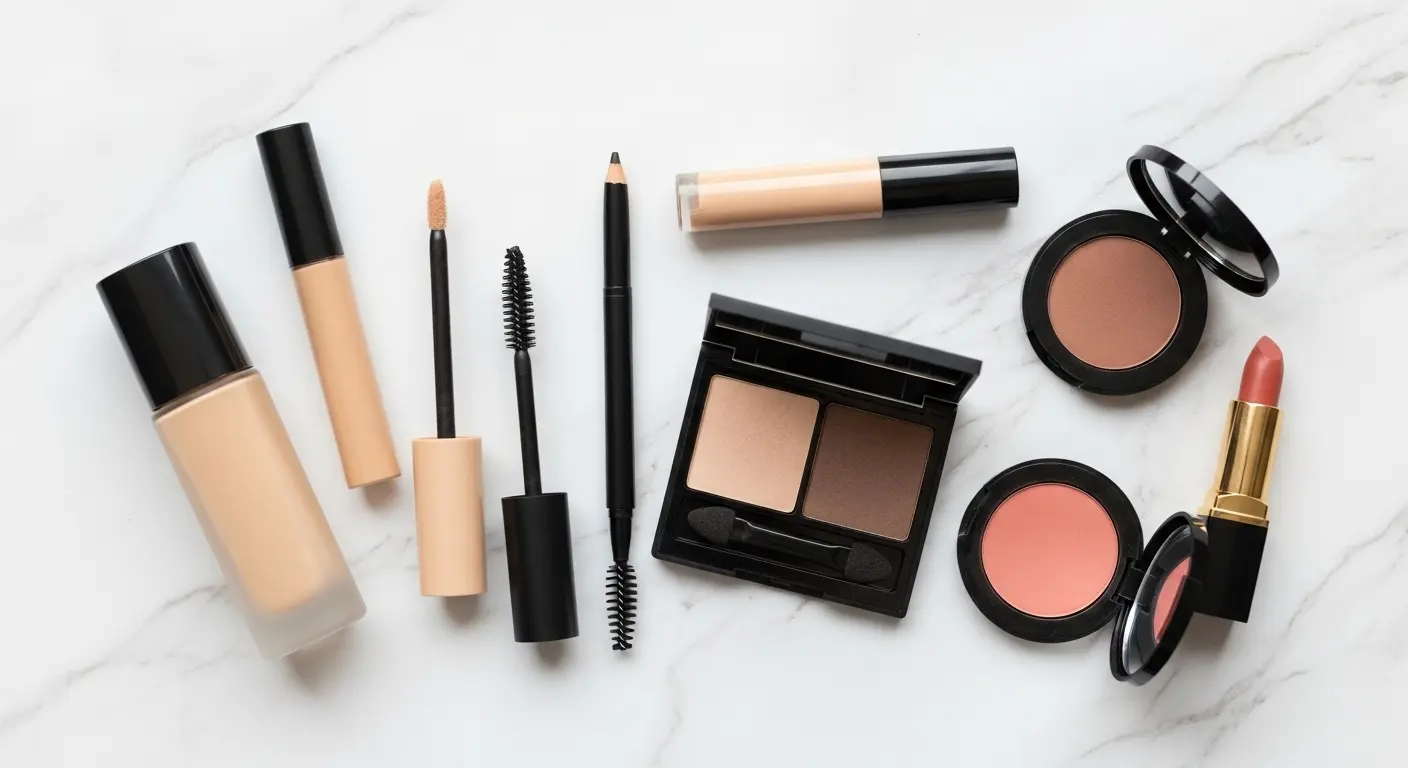A clean flat lay of essential makeup products for a natural look on a white marble background.
