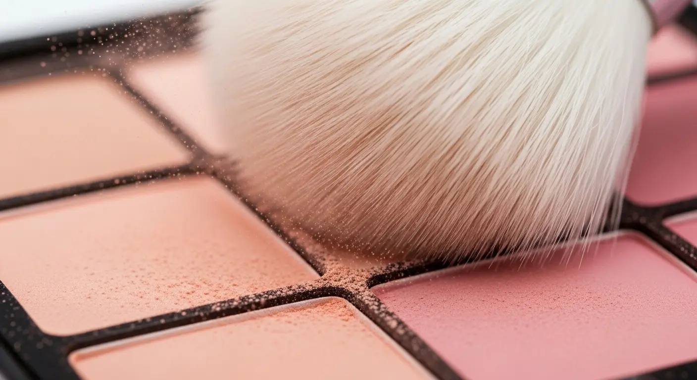 A makeup brush dusting a blush palette
