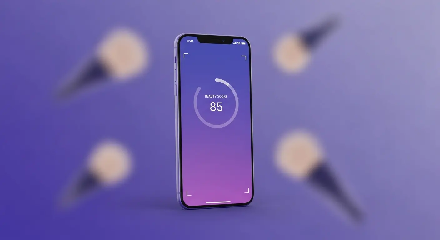 Phone showing beauty score ring over a makeup selfie UI