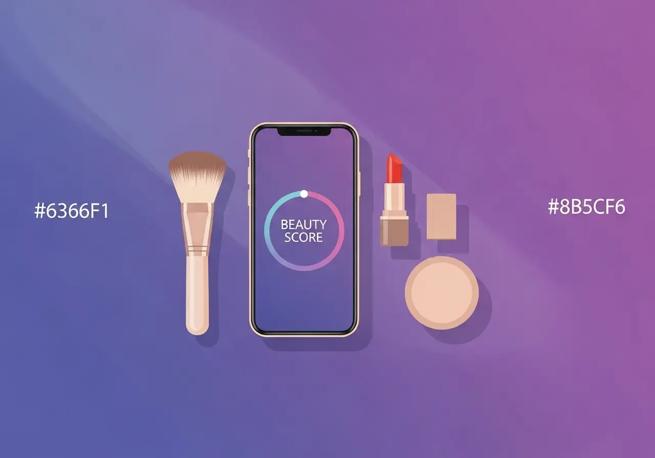 Flat-lay with smartphone and makeup tools showing beauty score ring