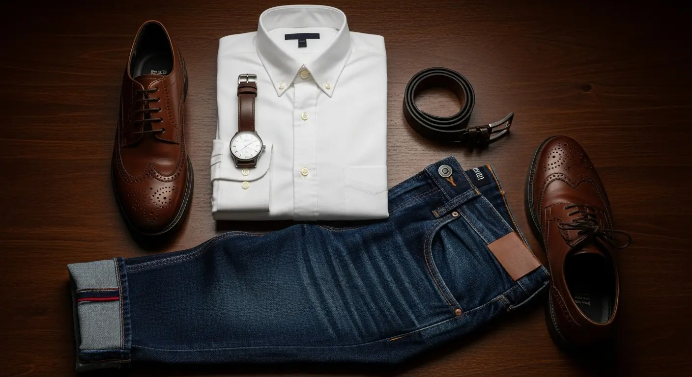 A flat lay of essential men's clothing items like a white shirt, dark jeans, and leather shoes