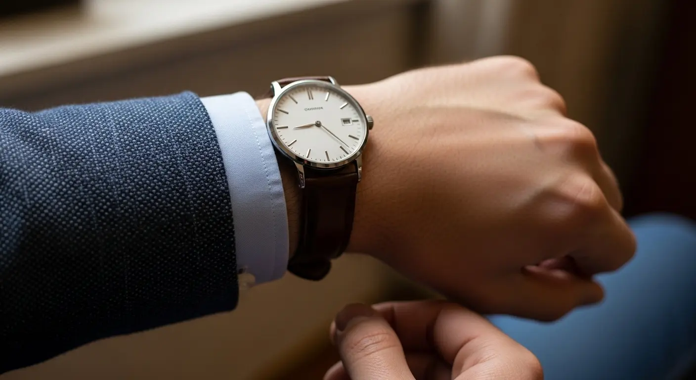 A close-up of a man's stylish watch and shirt cuff