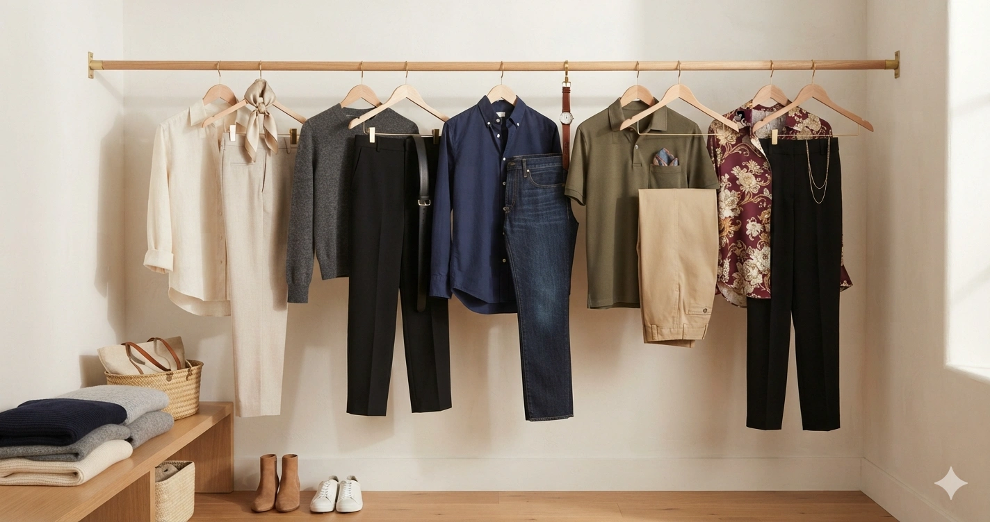 A closet with outfits laid out using the 3-2-1 formula