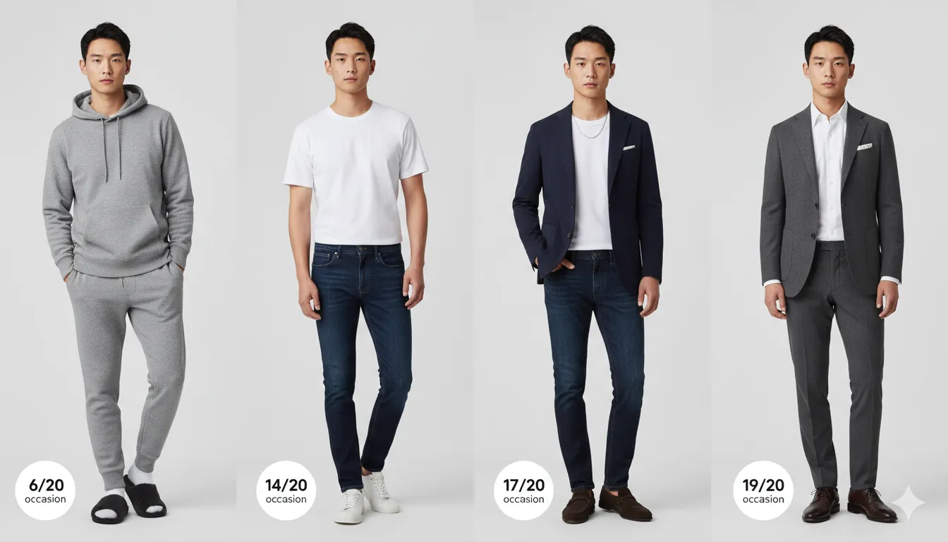 Four occasion appropriateness levels: loungewear 6/20, casual everyday 14/20, smart casual 17/20, elevated smart casual 19/20