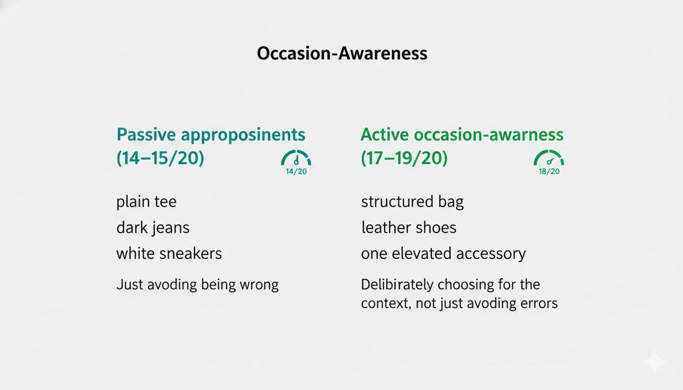 Comparison between passive appropriateness scoring 14-15 and active occasion-awareness scoring 17-19 with specific item examples