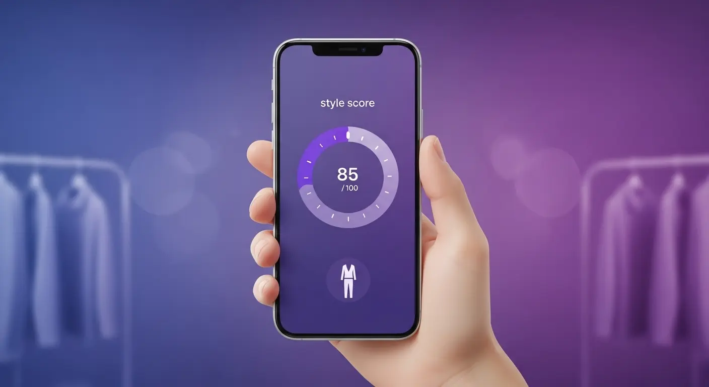 Phone showing OutfitScore circle gauge with an outfit photo