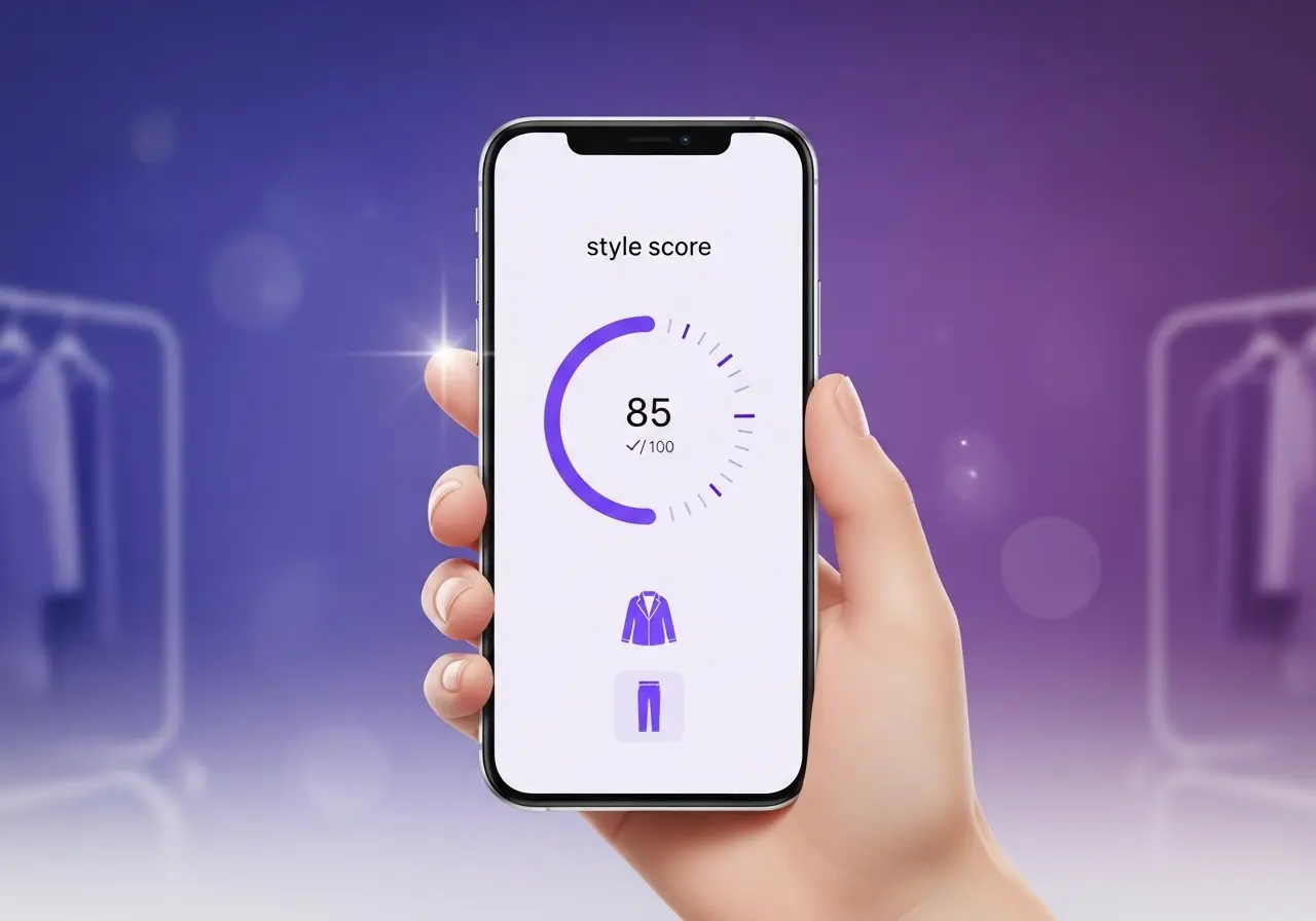 Phone and outfit flat-lay with style score ring