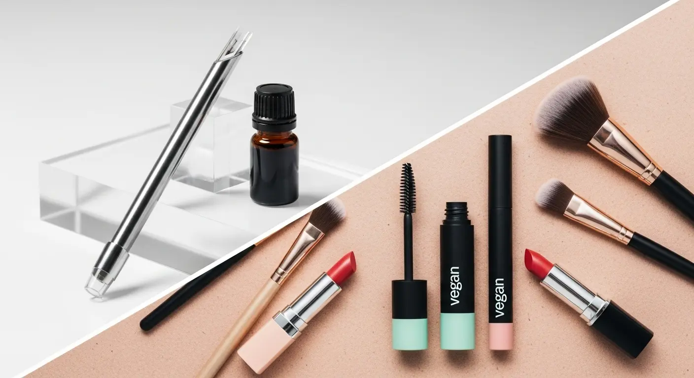 A split image showing a microblading tool on one side and a collection of vegan cosmetics on the other