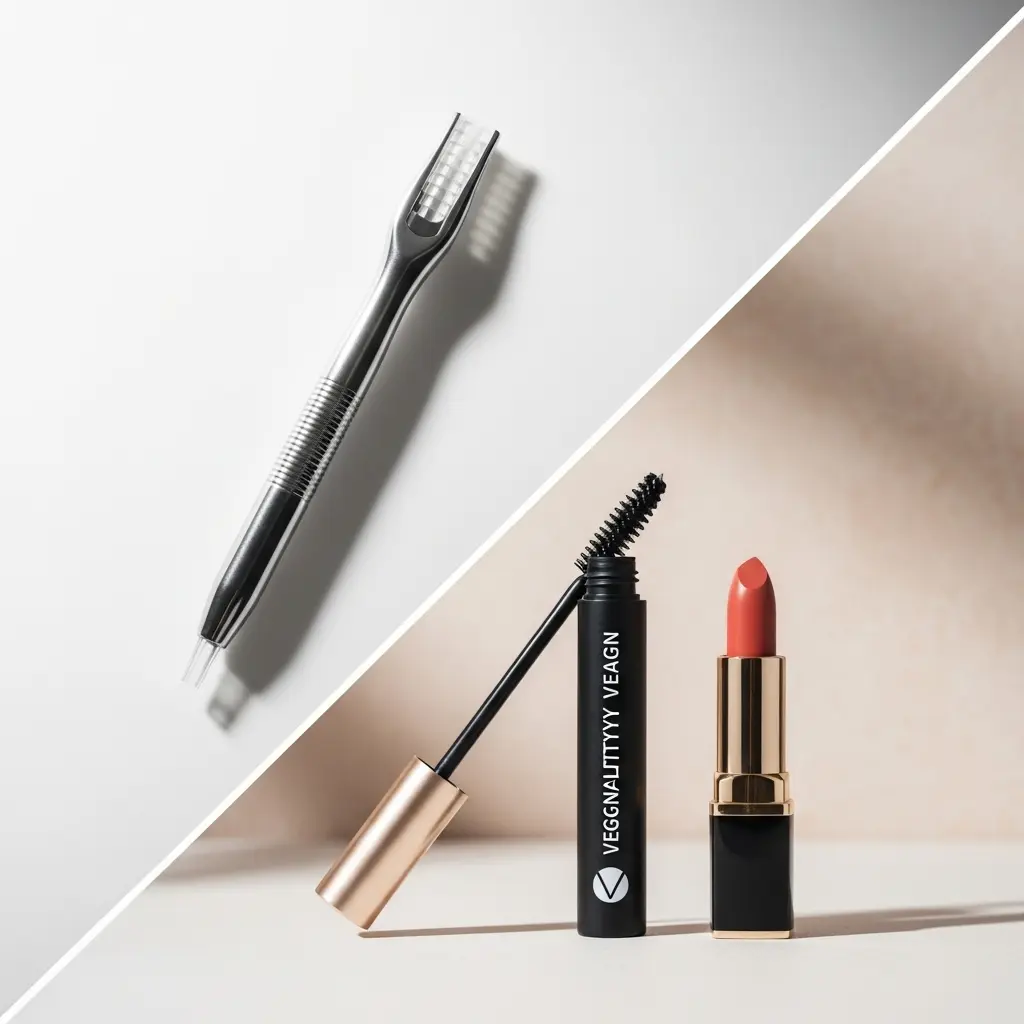 A split image comparing permanent makeup tools to vegan cosmetic products