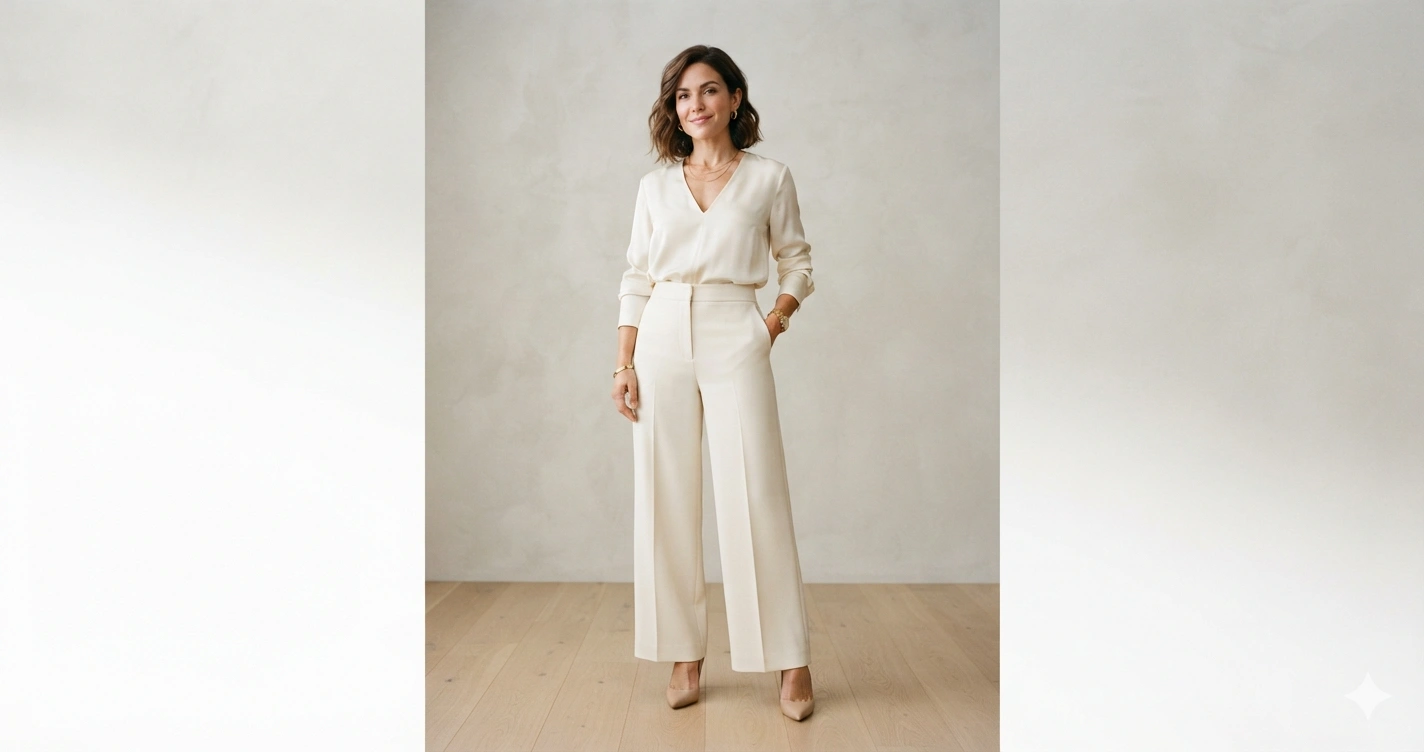 Petite woman wearing a monochrome outfit with vertical lines