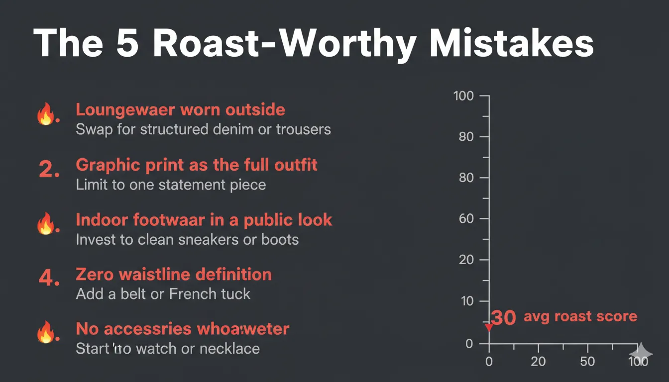 Summary infographic: the 5 roast-worthy mistakes and their fixes, with average roast score of 30/100
