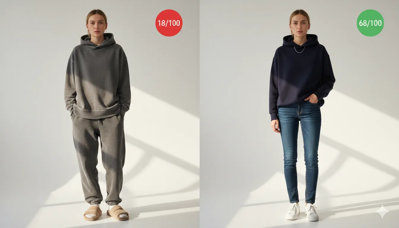 Comparison: full loungewear set scores 18/100, same hoodie styled with jeans and white sneakers scores 68/100