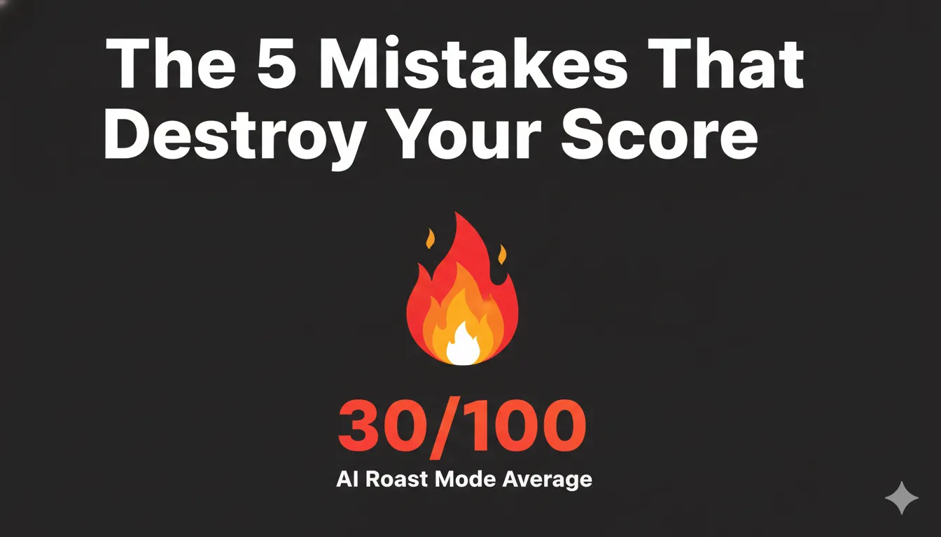 Bold graphic showing AI roast mode average score of 30 out of 100 with flame iconography