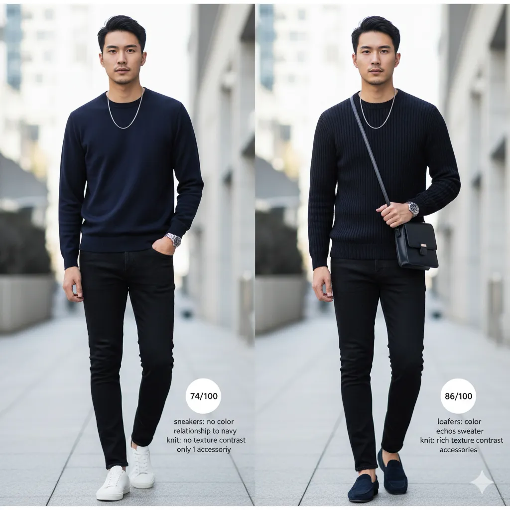 Same outfit base scores 74 versus 86 by adding textural knit, coordinated accessories and footwear that shares palette colour