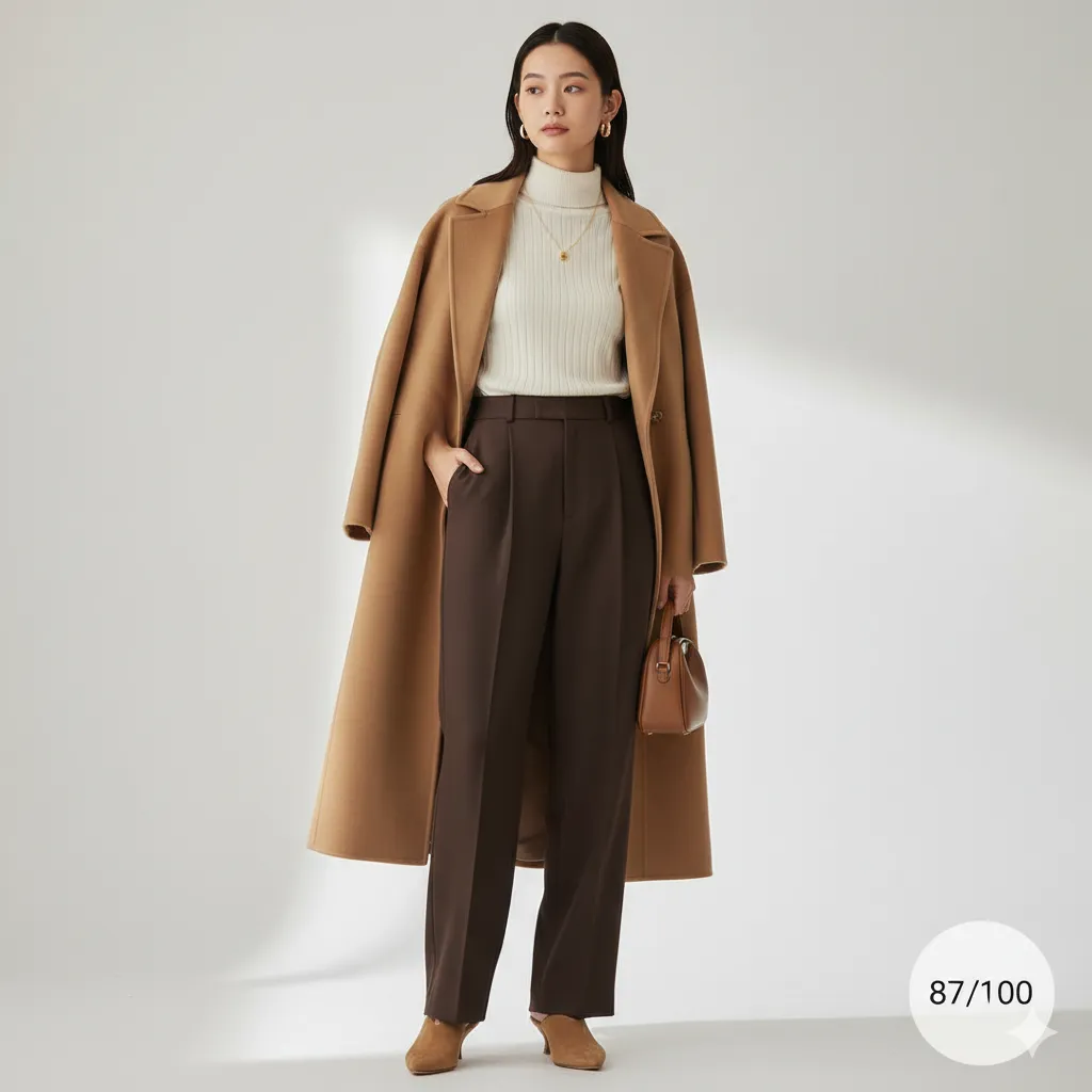 High-scoring outfit scoring 87 out of 100: camel wool coat, ivory ribbed knit, dark brown wide-leg trousers, tan suede mules, gold accessories