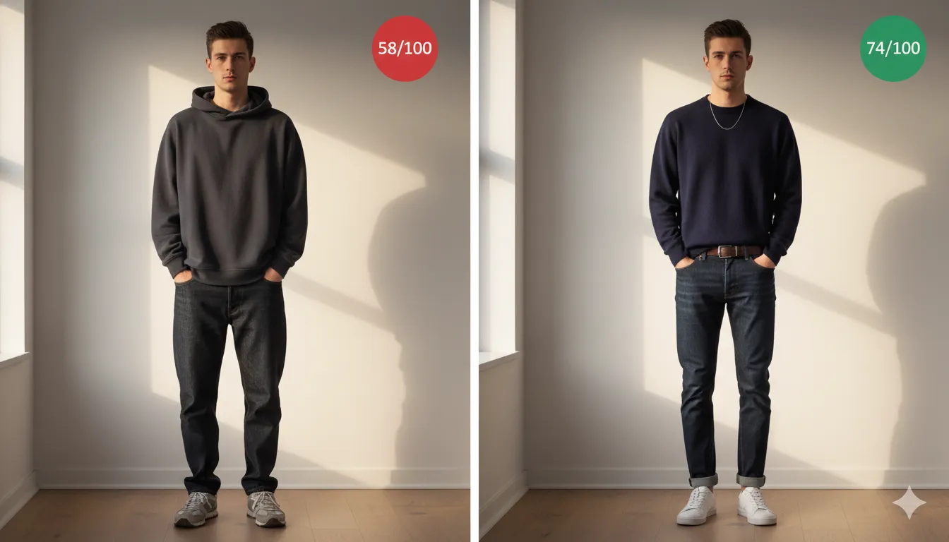 Before and after: shapeless hoodie and loose jeans scores 58, styled navy knit with French tuck, chain and belt scores 74
