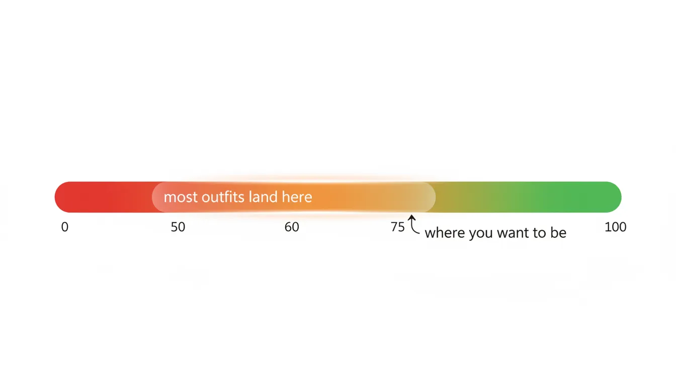 Outfit score range infographic showing most outfits scoring between 50 and 67, with the target range of 70-85 highlighted