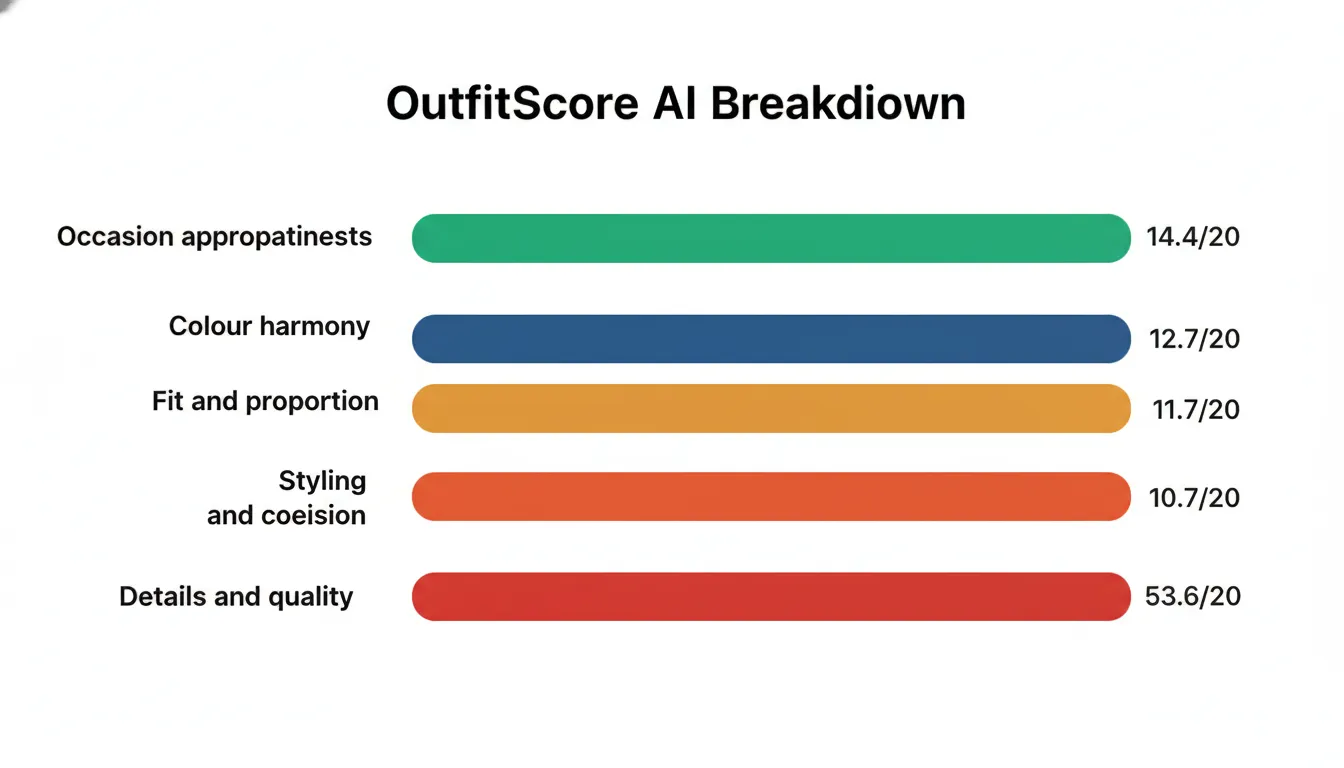 Bar chart showing average sub-scores: occasion 14.4/20, colour harmony 12.7/20, fit 11.7/20, styling 10.7/20, details 10.6/20
