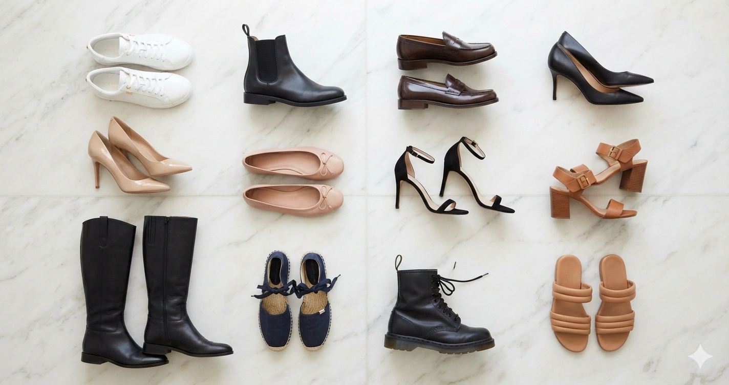 Twelve essential shoe styles arranged in a grid with labels