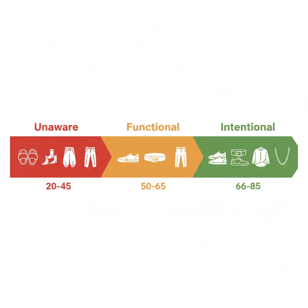Spectrum from unaware styling mistakes through functional choices to intentional decisions with corresponding score ranges