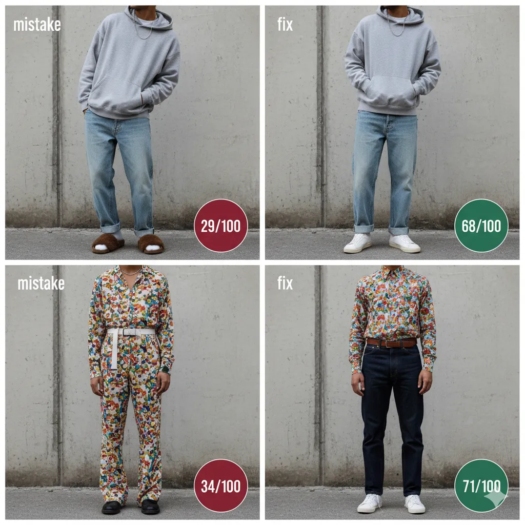 Four-panel before and after showing shapeless loungewear fixed to casual chic, and multi-print clash fixed to cohesive outfit